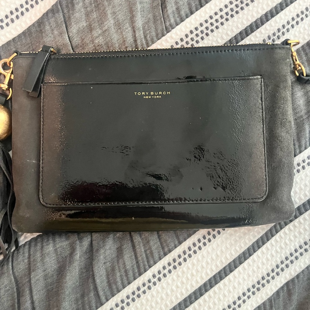 Tory Burch Black Leather Clutch with Gold Accents